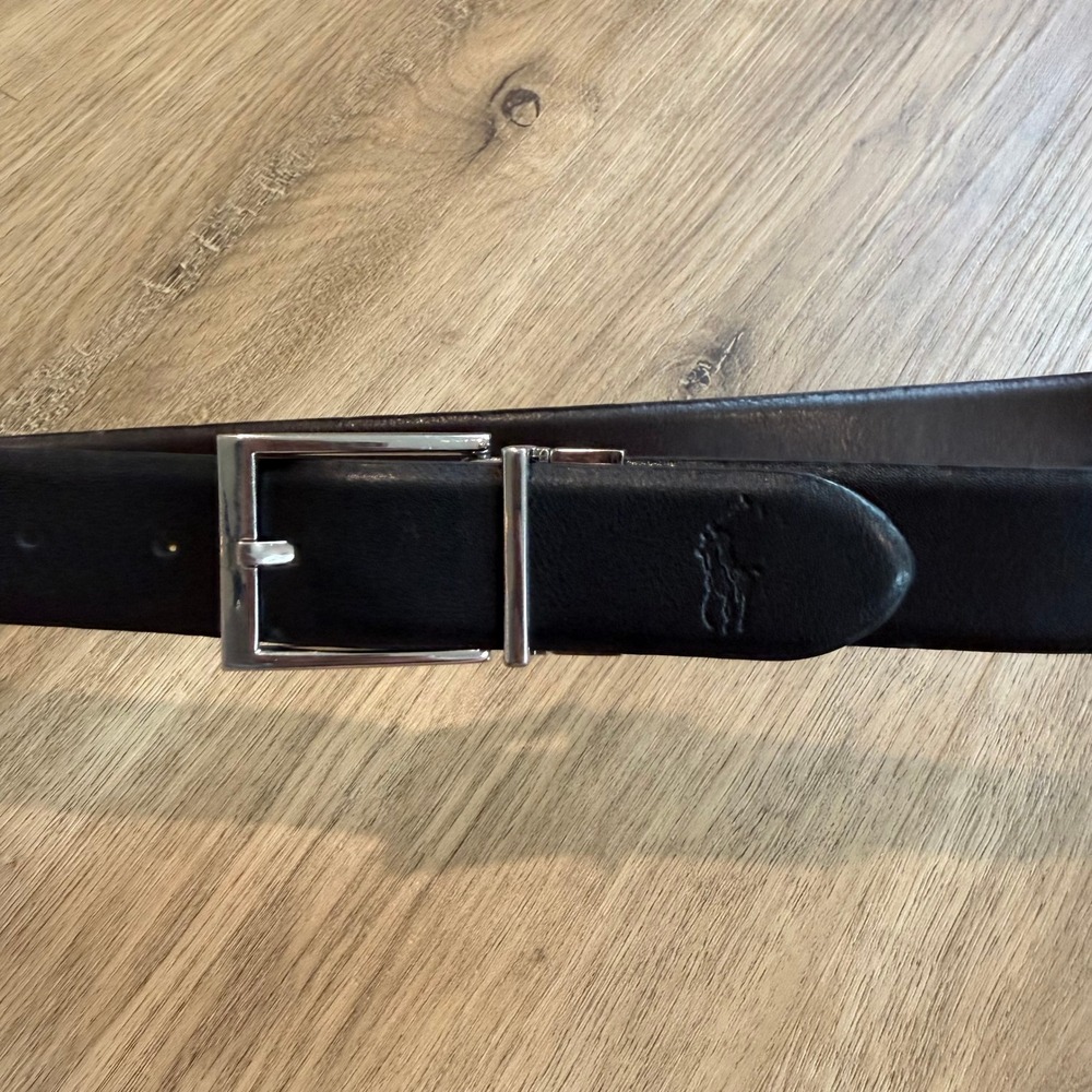 Polo Ralph Lauren Men's Reversible Leather Belt Black Brown Silver Buckle Pony